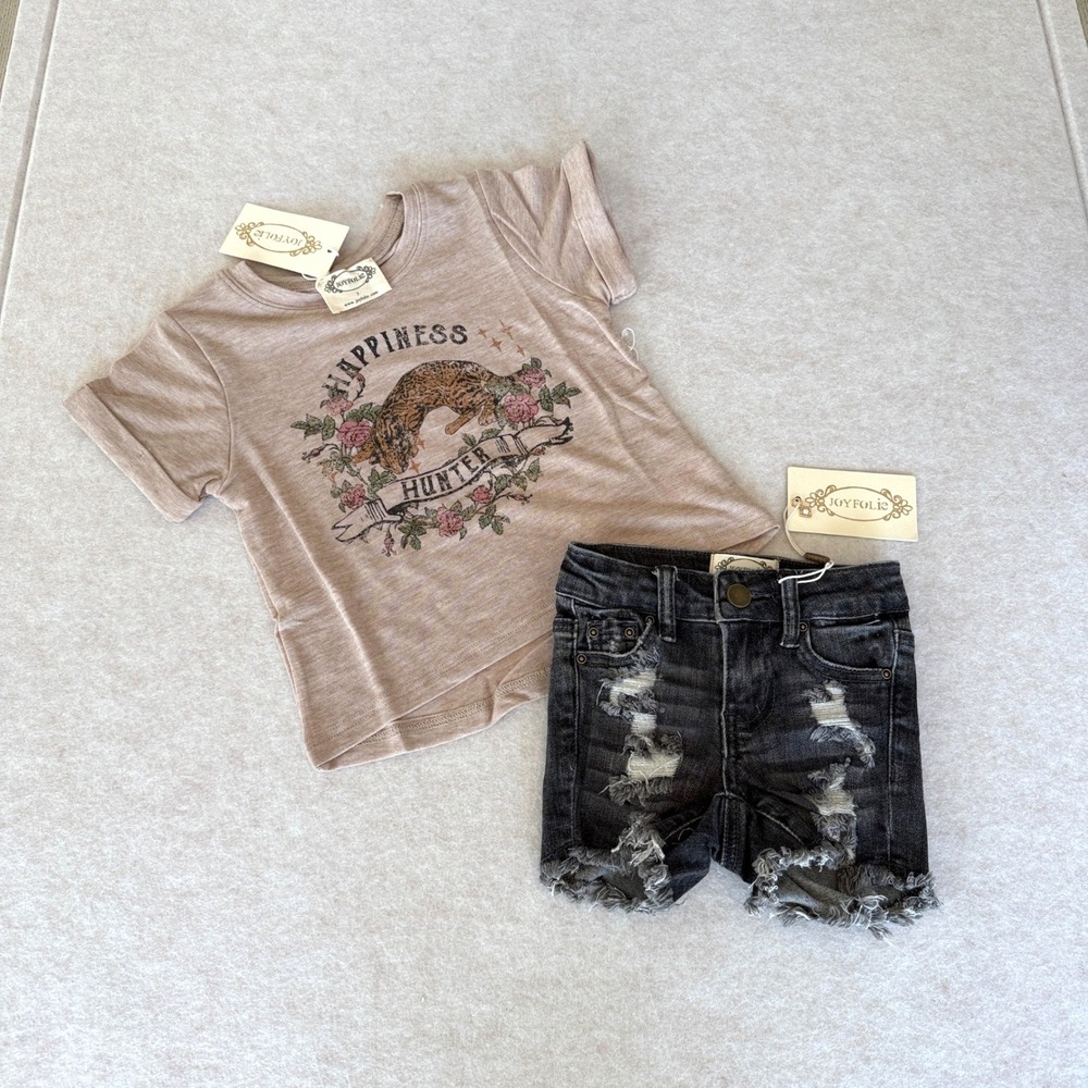 Joyfolie Kids Happiness Hunter Graphic Tee and Marah Distressed Denim Shorts Set